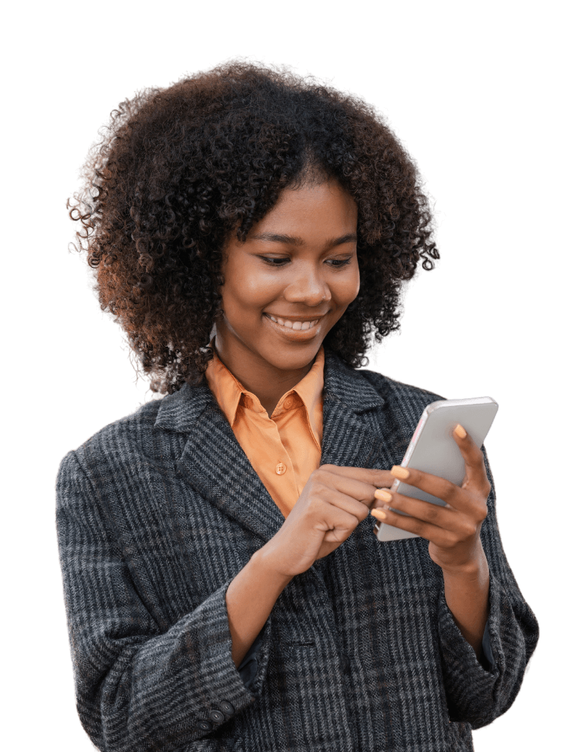 gold simple elegant client testimonial women with a cellphone, representing the concept of becoming a private client in estate planning